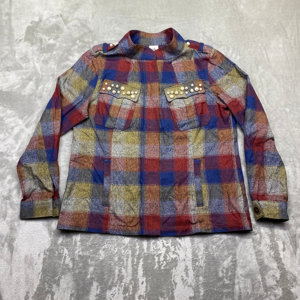Cabi Plaid Pearl Embellished Shirt Jacket Multicolor Cotton Shacket‎ 3555 Large